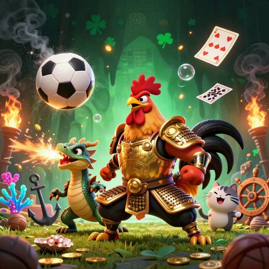 Rooster warrior, dragon hatchling and fortune-cat amid soccer ball sparks in a treasure cove.