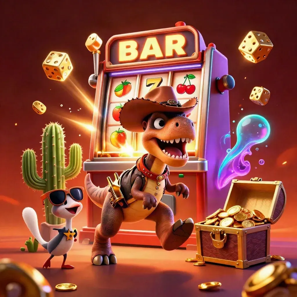 Cowboy T-Rex, cactus sidekick and roadrunner burst around a glowing slot machine and treasure.