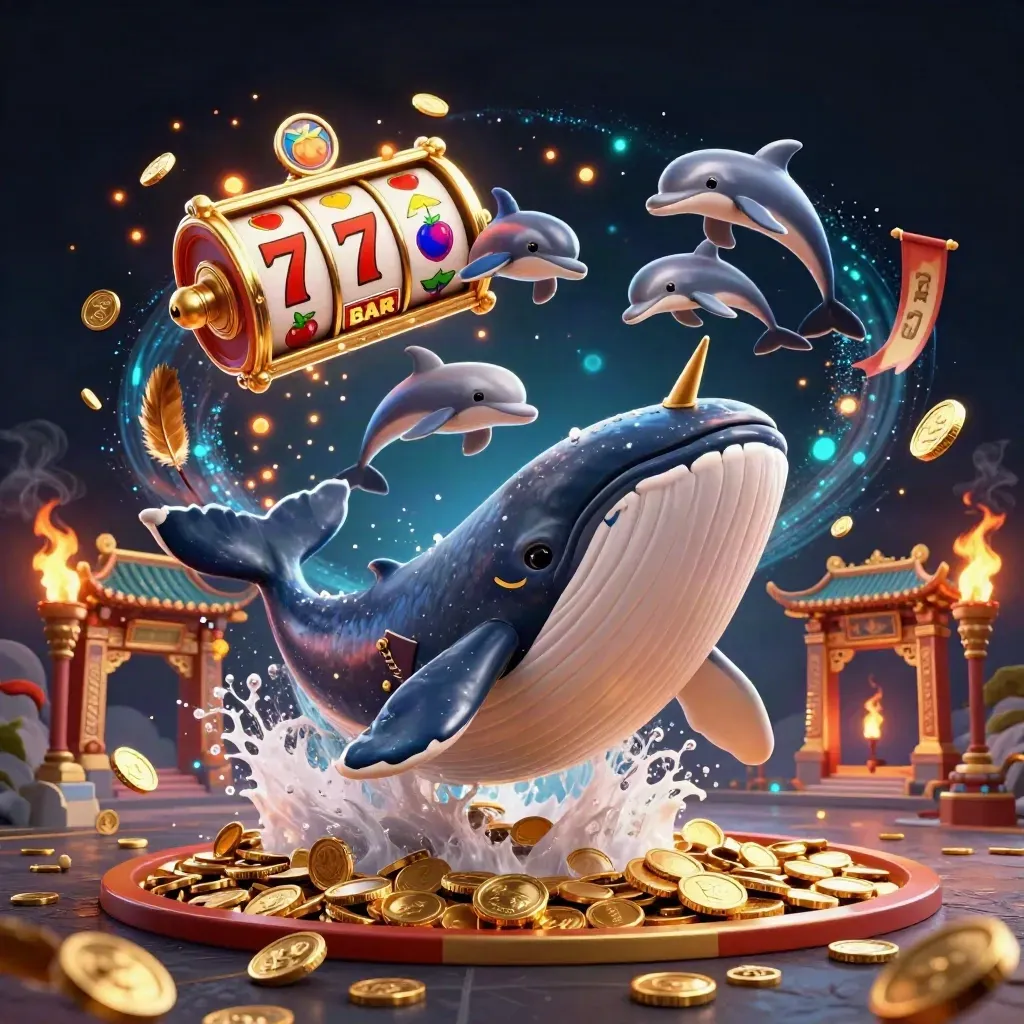 Whale captain, narwhal, and dolphins burst through coins amid casino relics and neon light