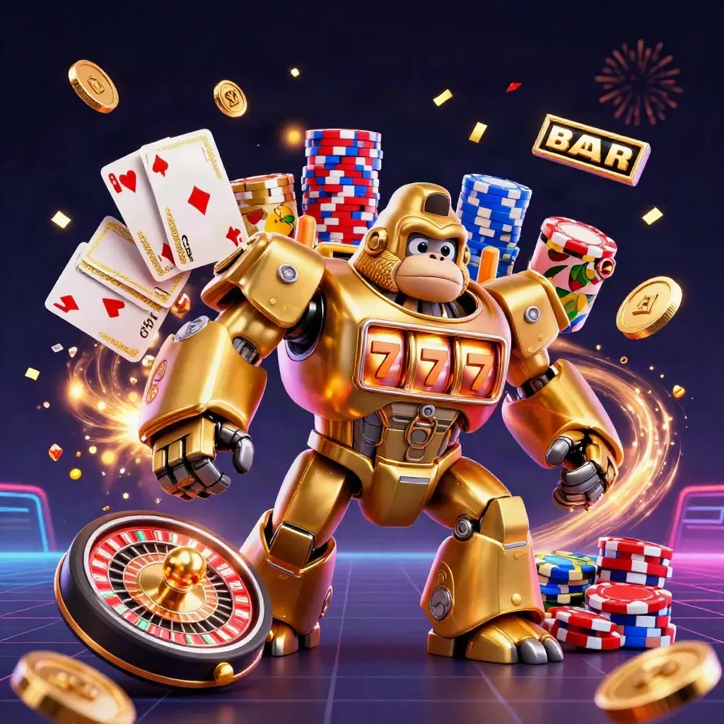 Golden gorilla mech with monkey pilot amid coins, gems, roulette wheel and chips in dark neon casino glow