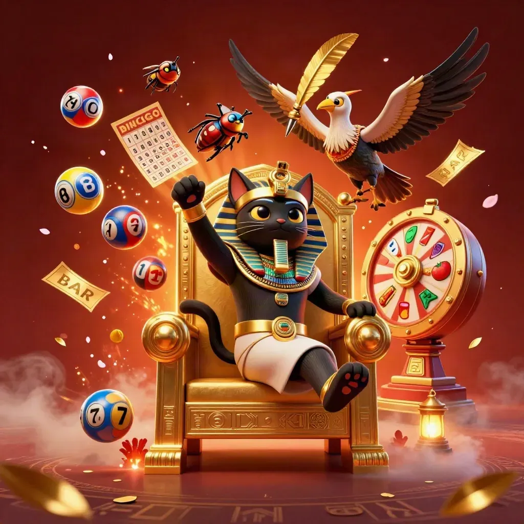 Pharaoh cat, ibis scribe, and scarab beetles amid casino effects and glowing gold bursts.