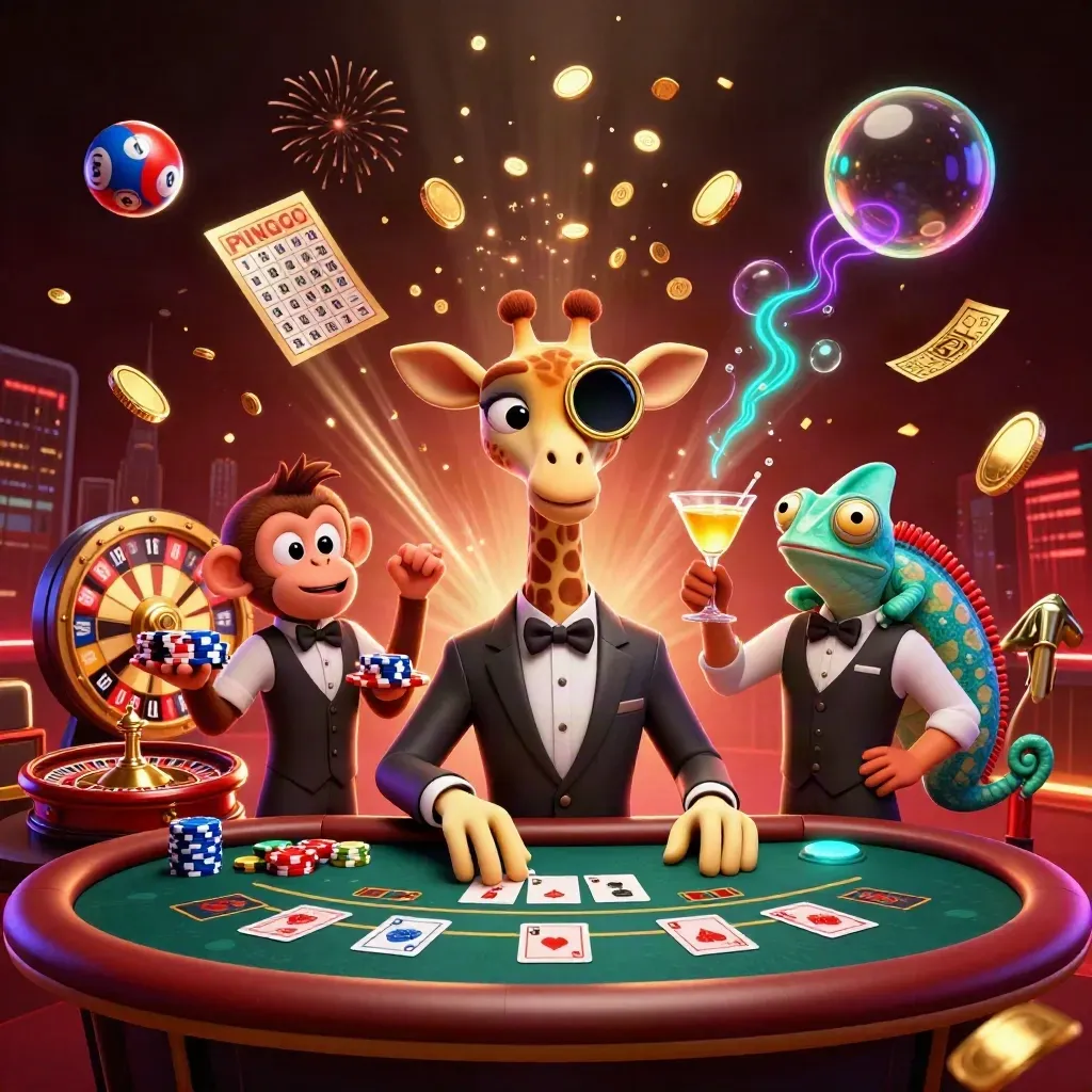 Giraffe, monkey valet, and chameleon bartender amid coins, fireworks, roulette, and neon casino glow