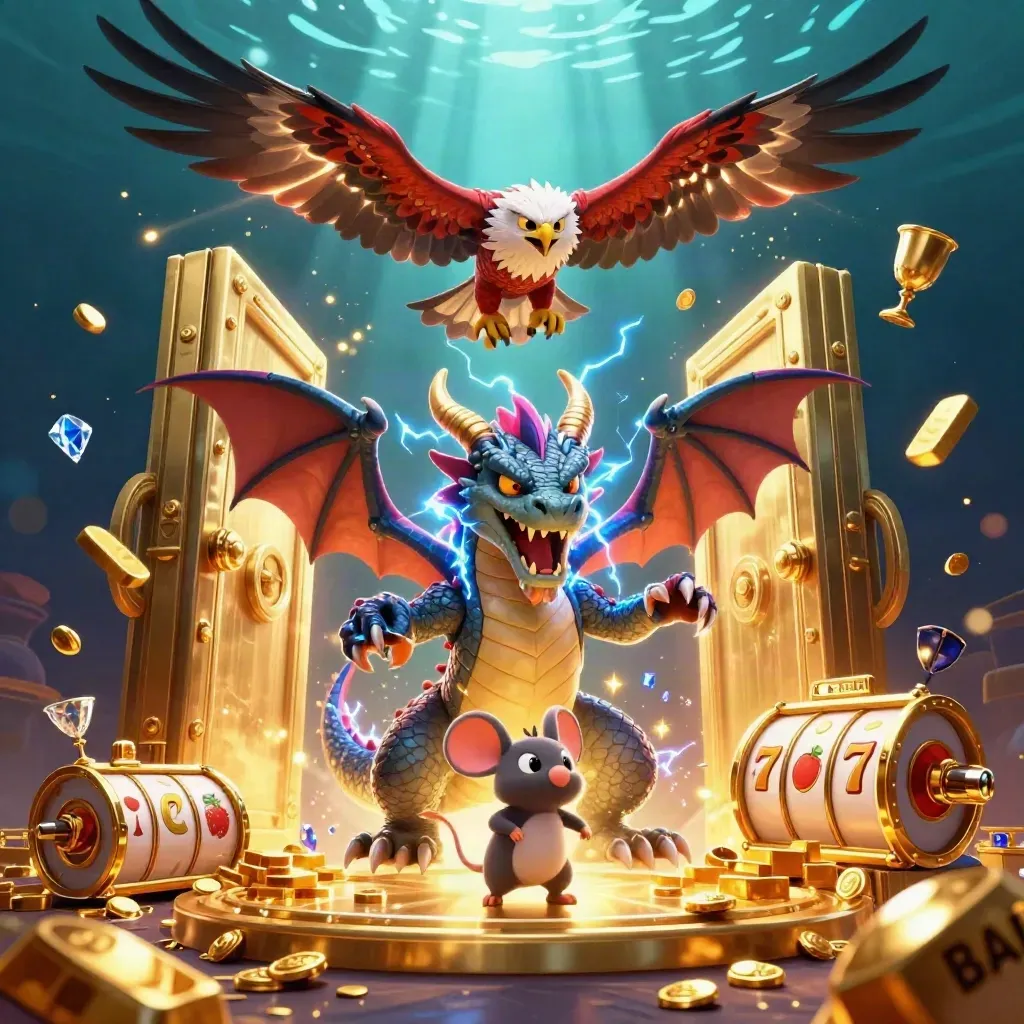 Thunder dragon, hawk, and static mouse burst from a golden vault in a dark neon underwater scene.