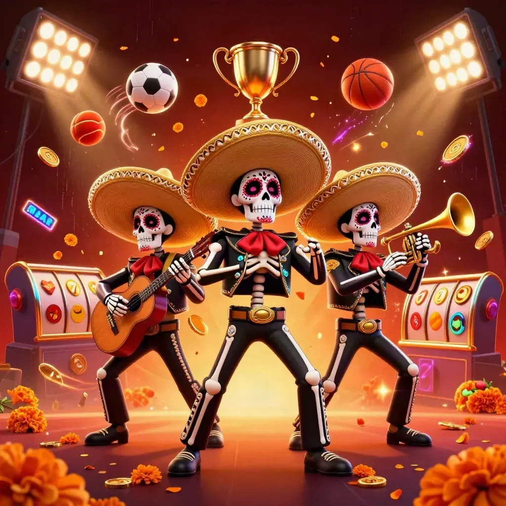 Three sugar-skull mariachi skeletons amid casino chaos with balls, coins, reels, and ember glow.
