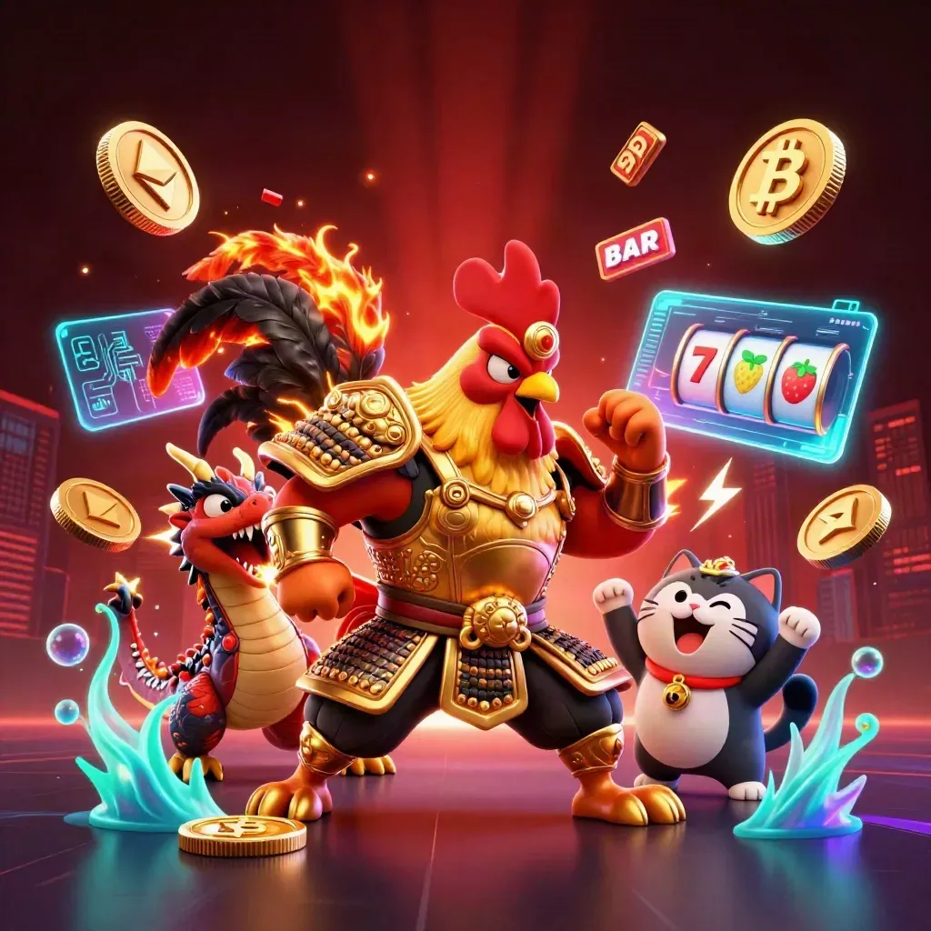 Rooster warrior, dragon hatchling, and fortune cat amid casino coins, lightning, and neon glow.